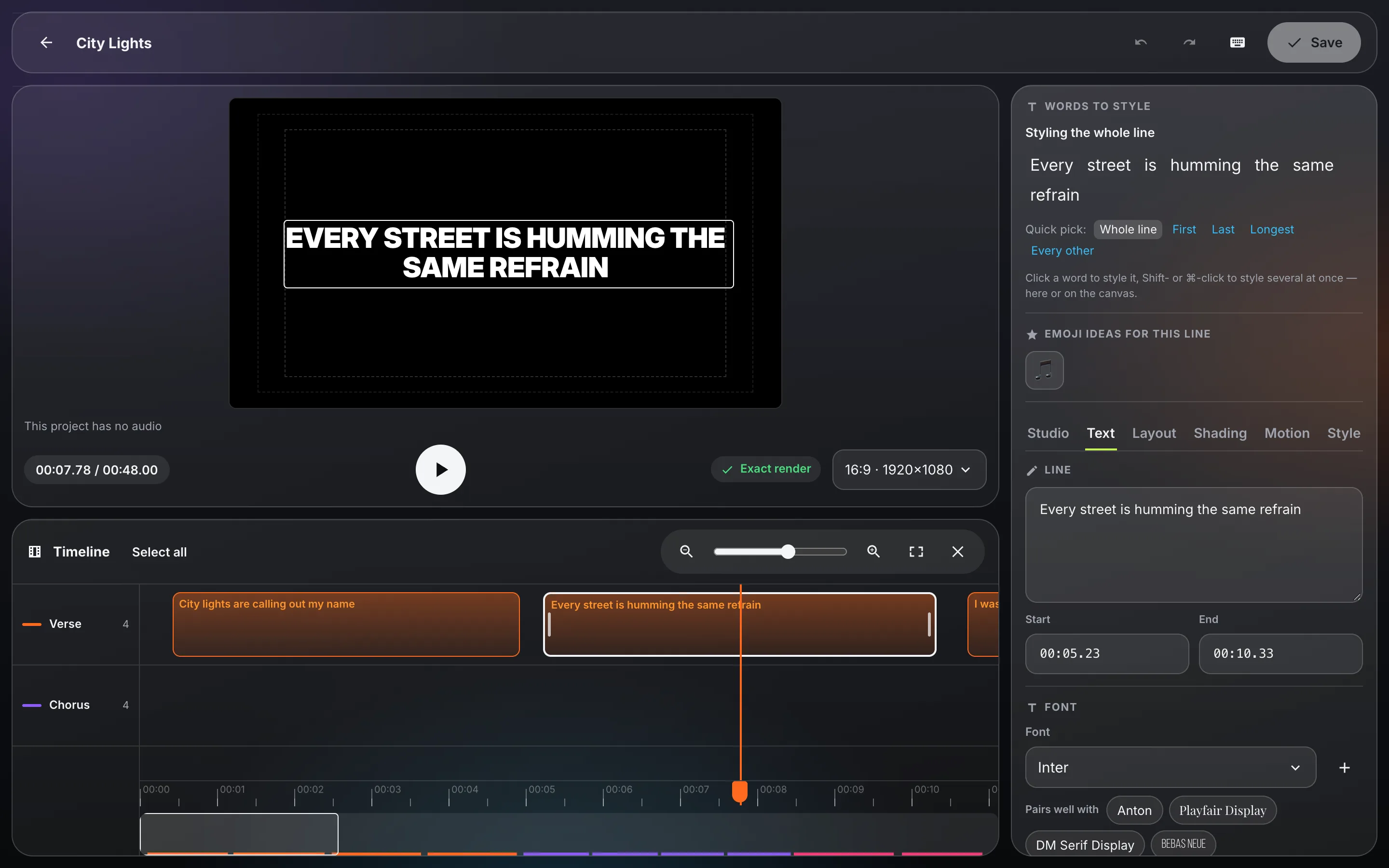 The Text Studio editor: a lyric line styled on the video preview, the timeline of verses and choruses below, and the inspector with the words of the line on the right.