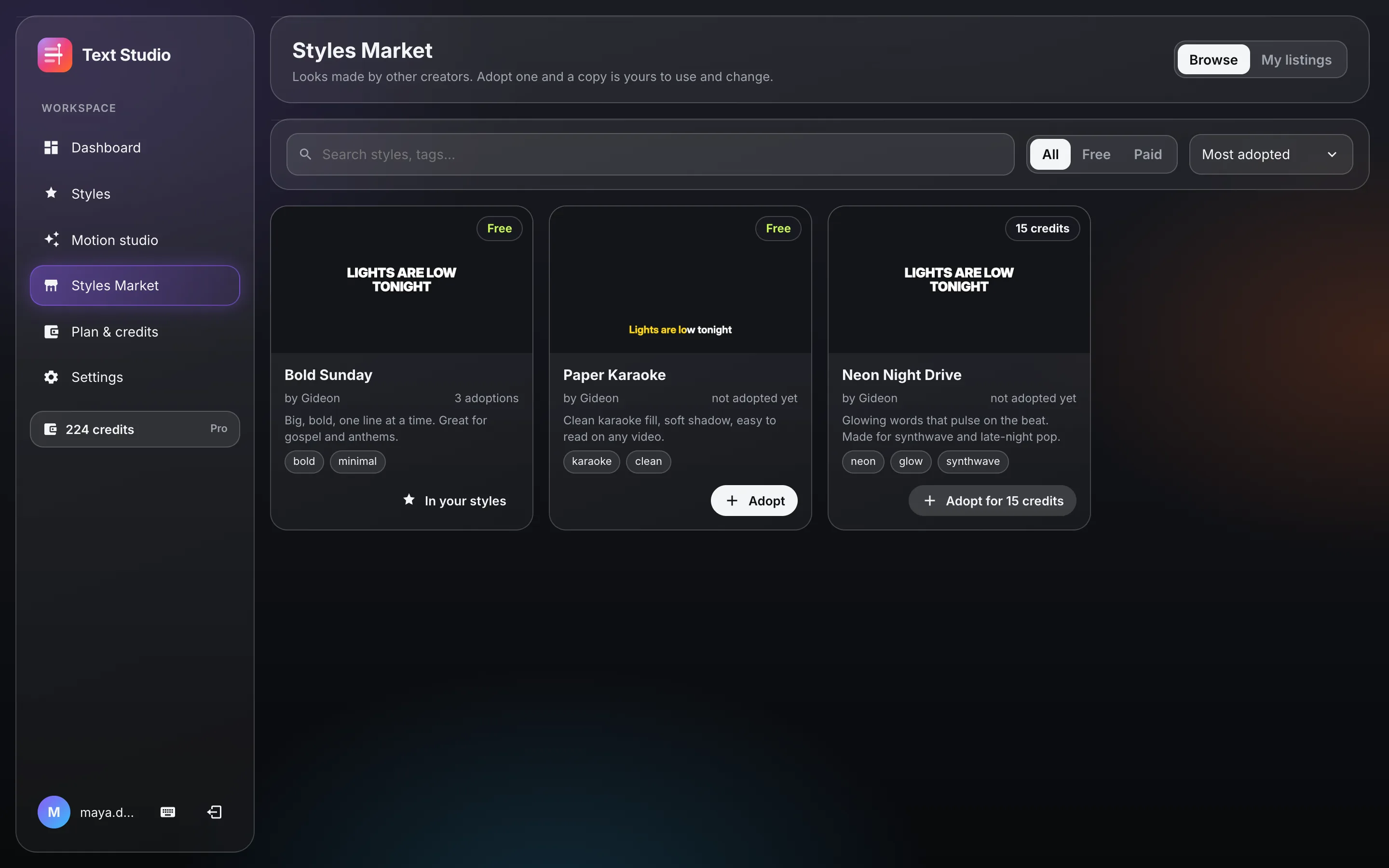 The Styles Market: styles made by other creators, free or for credits, each with its preview and an Adopt button.