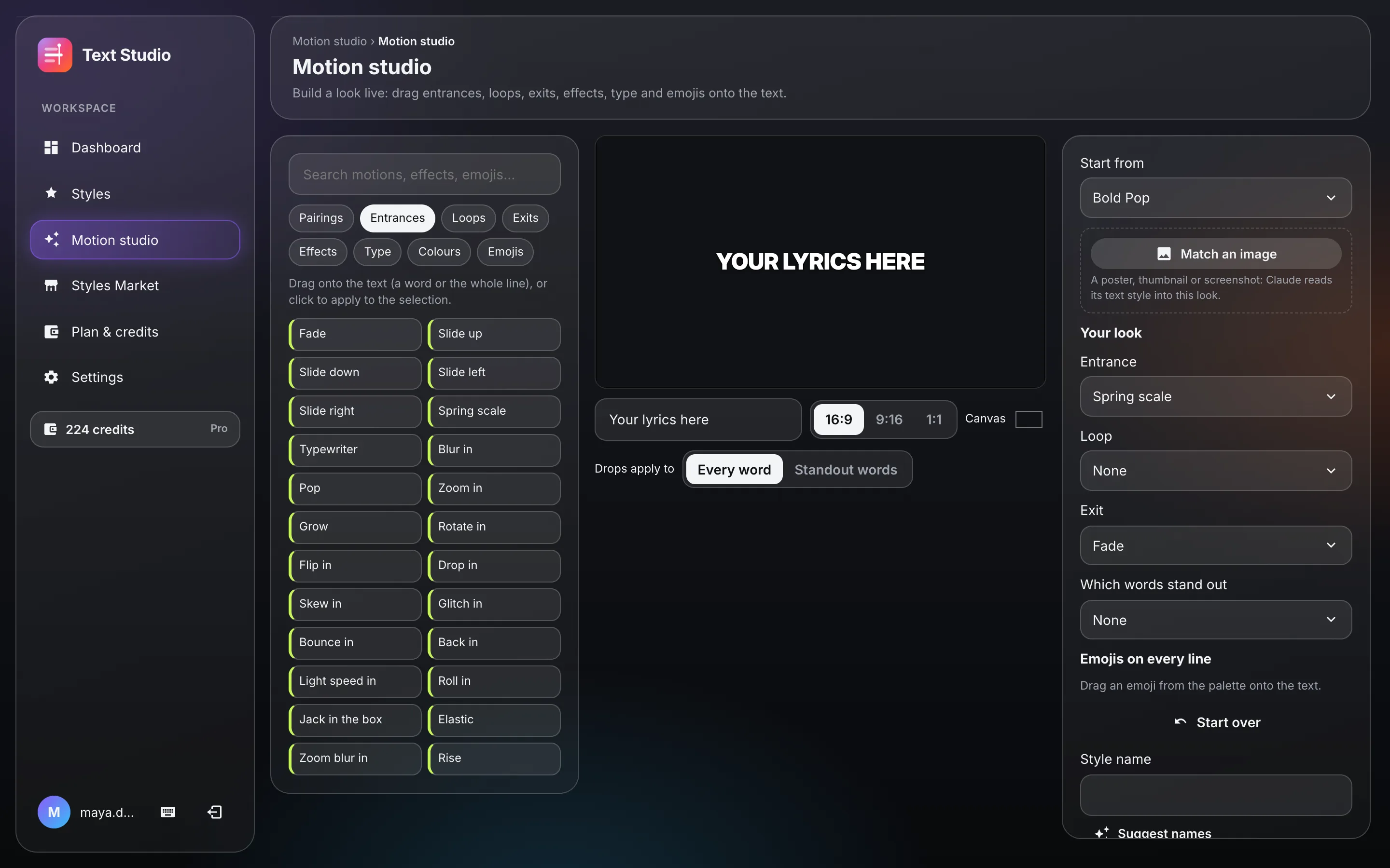 The motion studio: a palette of entrances on the left, the live preview in the middle, and the look's layers on the right.